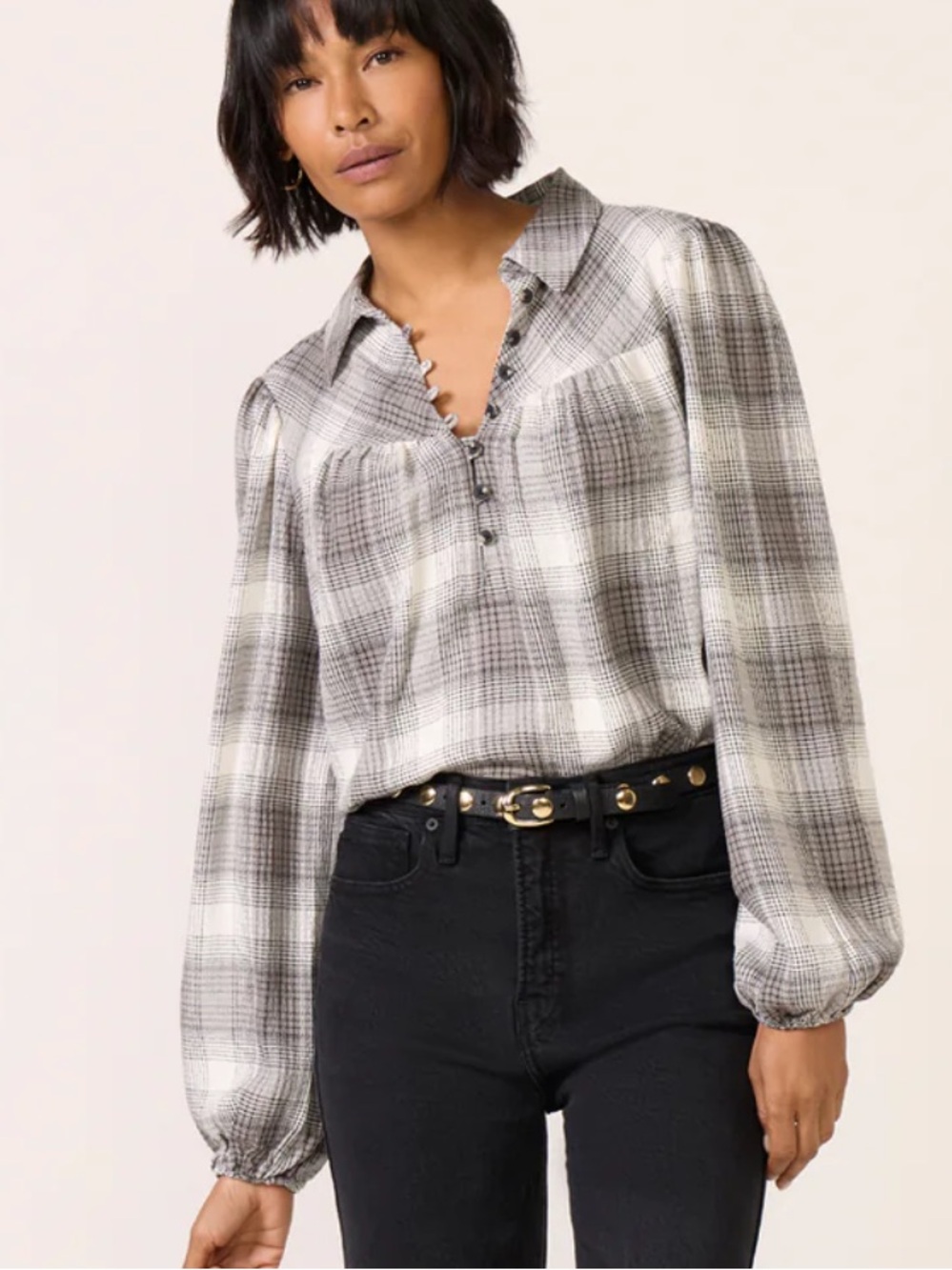 Evereve Grey Plaid Button-Front Blouse